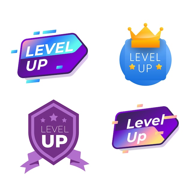 Collection level up golden icon isometric vector illustration Set of medal label achievement design