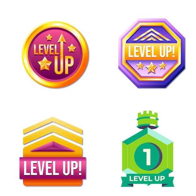 Collection level up golden icon isometric vector illustration Set of medal label achievement design