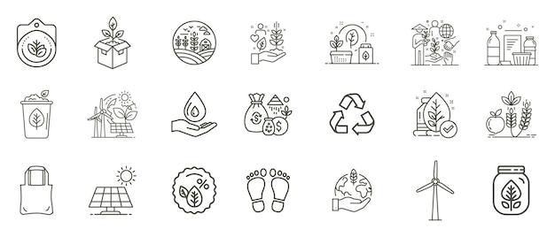 a collection of line art icons representing environmental and sustainable practices in agriculture