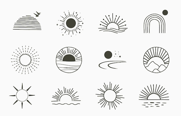 Collection of line design with sun.editable vector illustration for website, sticker, tattoo,icon