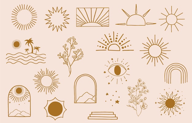 Collection of line design with sun,sea,wave.Editable vector illustration for website, sticker, tattoo,icon