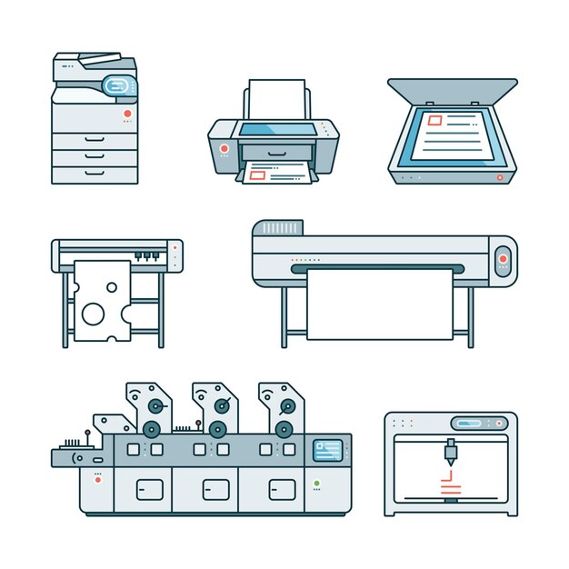 Vector collection of linearflat offset printer3d printerscannerlaser printerplotter machinecutting plotterinkjet printercopy machinephotolarge format printervector illustration isolated on white