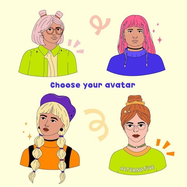 Collection of lined girls' avatars in bold modern style Vibrant portrait Gen Z