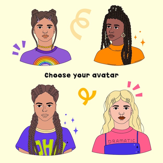 Collection of lined girls' avatars in bold modern style vibrant portrait gen z