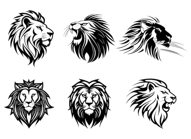 A collection of lion heads in black and white