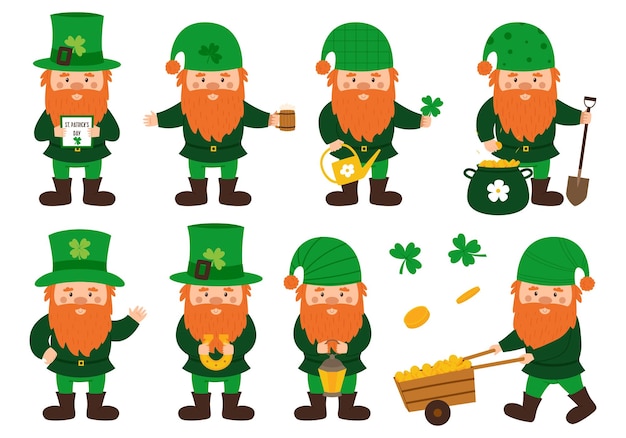 Vector a collection of little gnomes with a red beard and a green hat holding a horseshoe beer a horseshoe a lantern gold coins cards with small dwarfs cute cartoon character on a white background