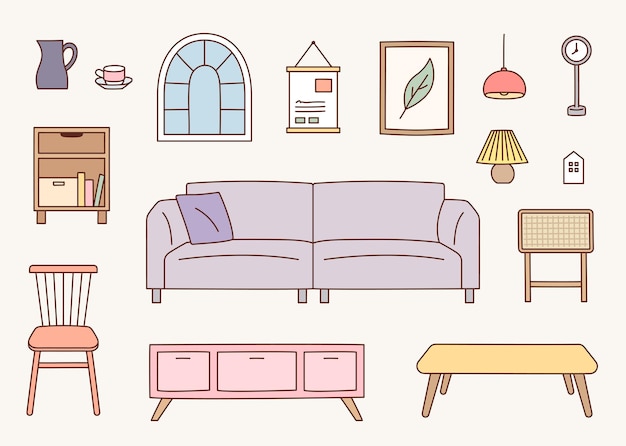 Collection of living room interior furniture flat design style vector illustration