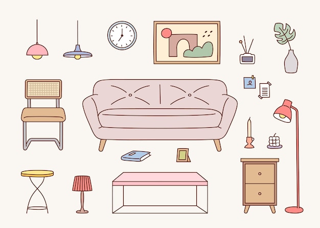 Collection of living room interior furniture flat design style vector illustration