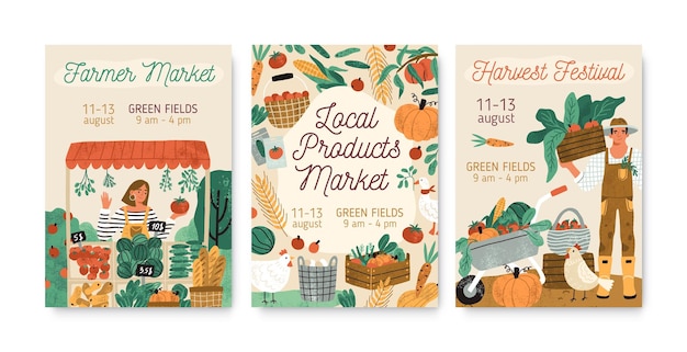 Vector collection of local products farmer market and harvest festival posters vector flat illustration. set of announcement for seasonal agricultural fair isolated. promo template with place for text.