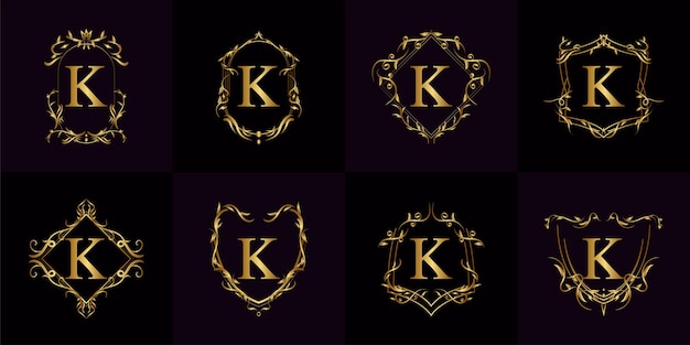 Collezione di logo k iniziale con ornamento di lusso o cornice floreale