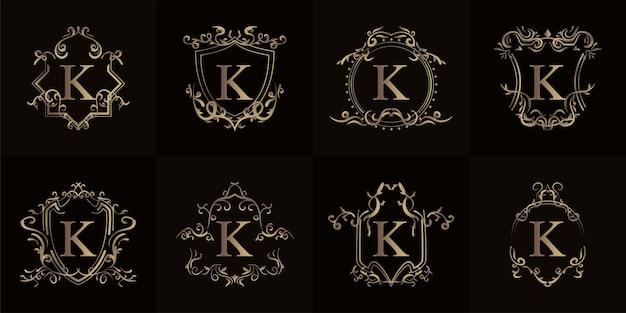 Vettore collezione di logo k iniziale con ornamento di lusso o cornice floreale