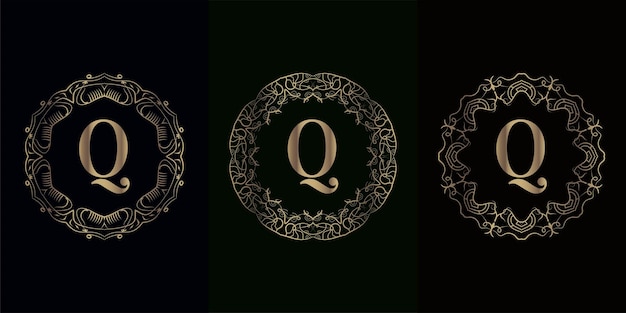 Collezione di logo q iniziale con cornice di lusso mandala ornamento