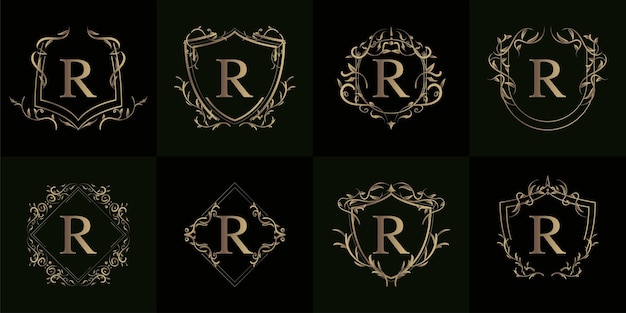 Коллекция логотипа с буквой R с роскошным орнаментом или цветочной рамкой