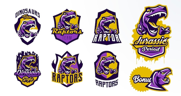 A collection of logos badges stickers dinosaur emblems and its sharp teeth Dangerous beast predator of the Jurassic period animal mascot Lettering shield print Vector illustration