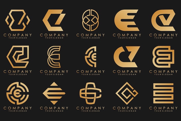 Collection logos golden luxury with letters E Geometrical abstract logos