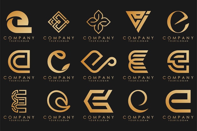 Collection logos golden luxury with letters E Geometrical abstract logos