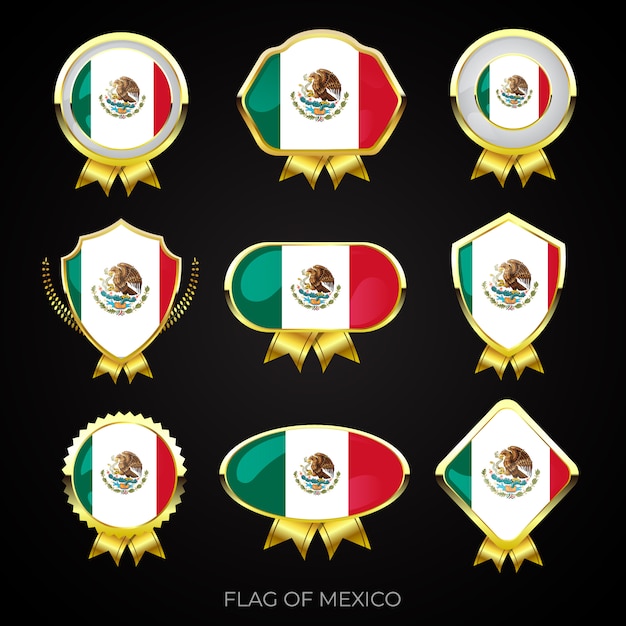 Collection of luxury golden flag badges of mexico