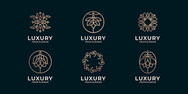 Collection of luxury line art beauty flower, frame rose, and leaves shape logo inspiration.