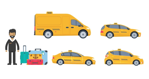 Vector collection of machine yellow cab, truck,  driver and baggage isolated on white background. public taxi service concept.  flat vector illustration.