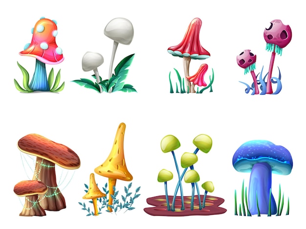 Raccolta di funghi magici fantasy isolati su bianco