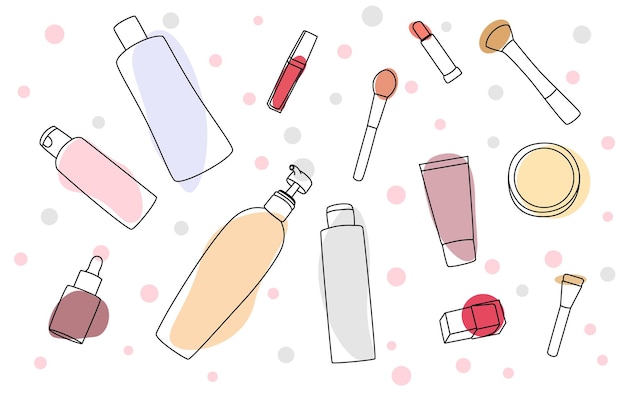 A collection of makeup products including a bottle of liquid.