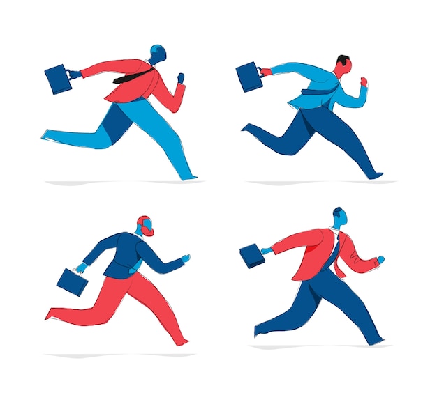 Collection of male businessmen characters running with a suitcase