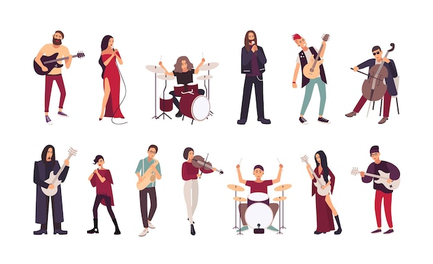 Vector collection of male and female singers and musicians isolated on white background. men and women singing and playing guitar, cello, drum kit, violin, saxophone. cartoon flat vector illustration.