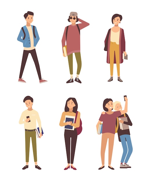 Collection of male and female students dressed in modern clothing isolated on white background. set of young men and women carrying books. bundle of flat cartoon characters. vector illustration.