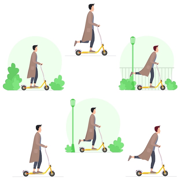 Collection of male riding scooters Flat cartoon illustration Ecofriendly transport Stock vector