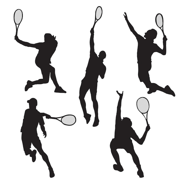 Collection of male tennis player silhouettes in different poses