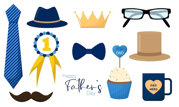 Коллекция мужских символов Клип-арт с Днем отца Галстук, шляпа, чашка, маффин, очки, усы