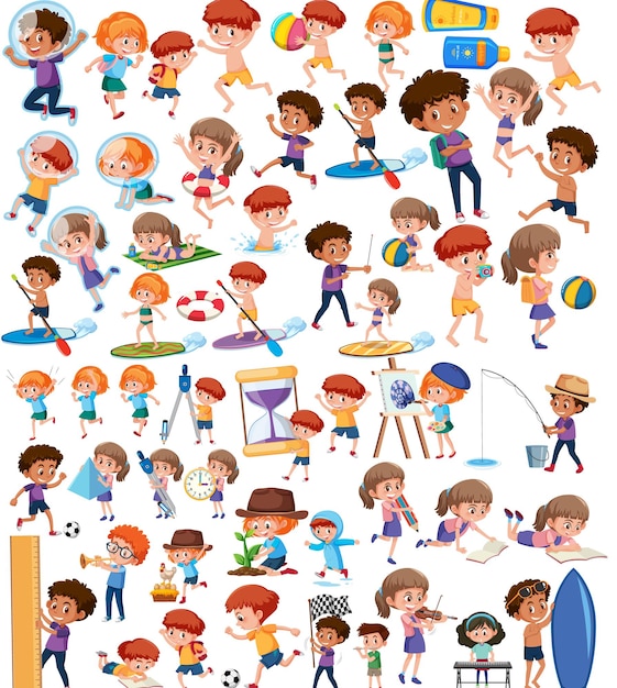 Vector collection of many kids doing different activities