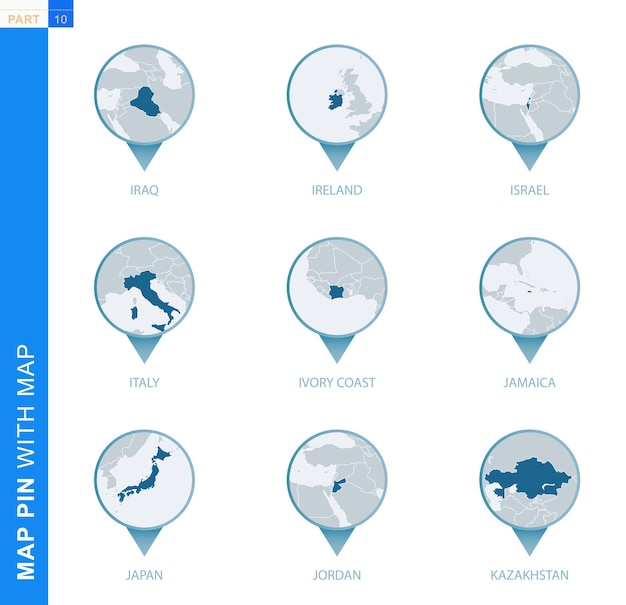 Collection of map pin with detailed map and neighboring countries, 9 map pins of iraq, ireland, israel, italy, ivory coast, jamaica, japan, jordan, kazakhstan