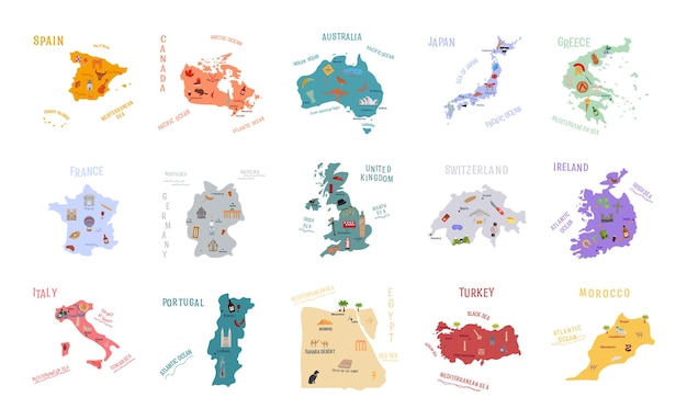 Collection of maps of countries with main attractions