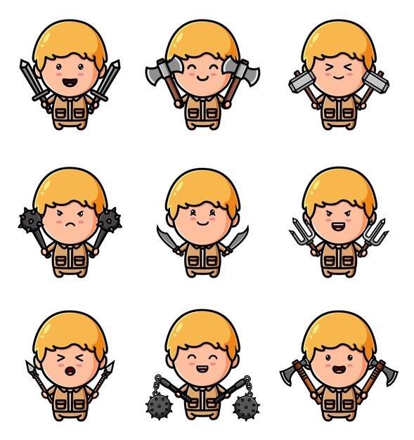 The collection of the mascot boy with the different twin sword bundle set