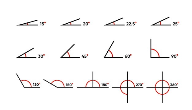 Collection Mathematics Angles 225 30 45 60 90 120 150 180 270 and 360 degree icon set