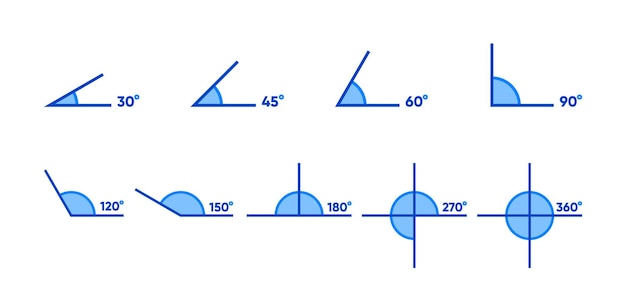 Collection Mathematics Angles 30 45 60 90 120 150 180 270 and 360 degree icon set Different angles degrees icon set Vector illustration