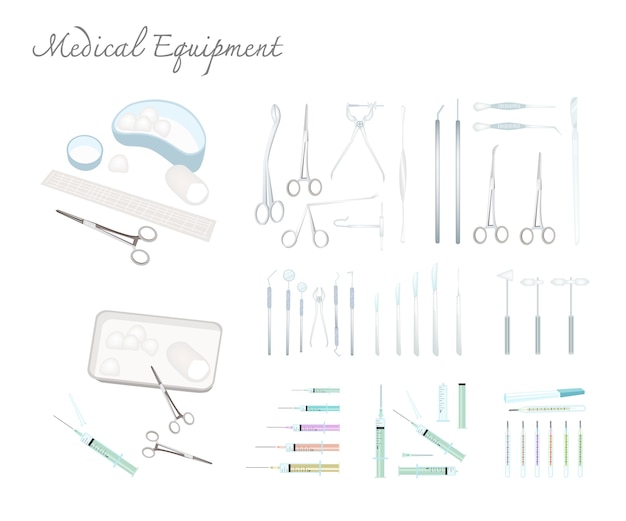 Collection of medical equipments on white background