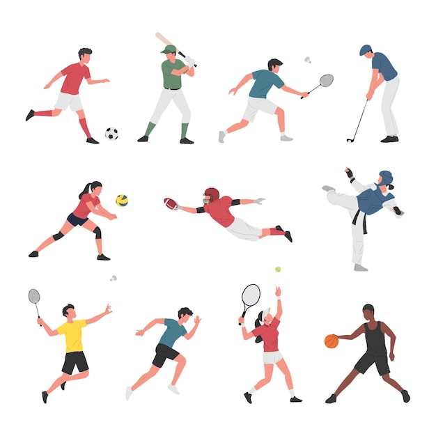 Vector collection of men and women doing various sports activities.