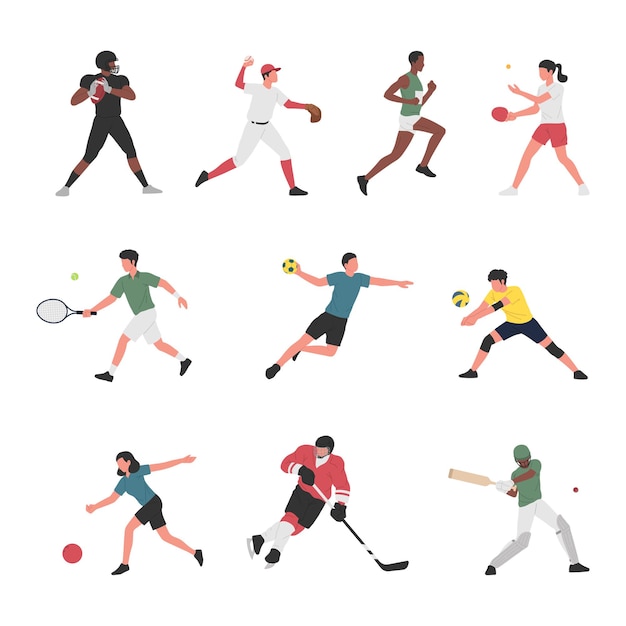 Vector collection of men and women doing various sports activities.