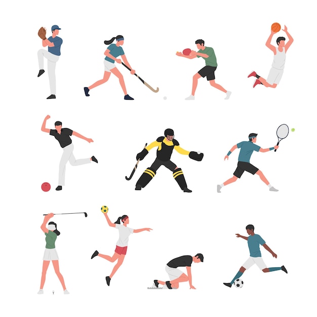 Vector collection of men and women doing various sports activities.