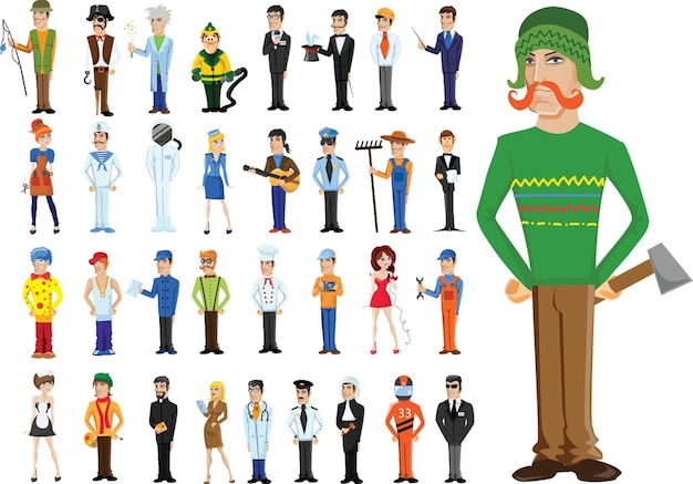 Collection of men and women people workers of various different occupations or profession wearing professional uniform set illustration