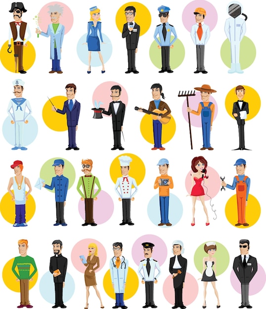 Vector collection of men and women people workers of various different occupations or profession wearing professional uniform set vector illustration