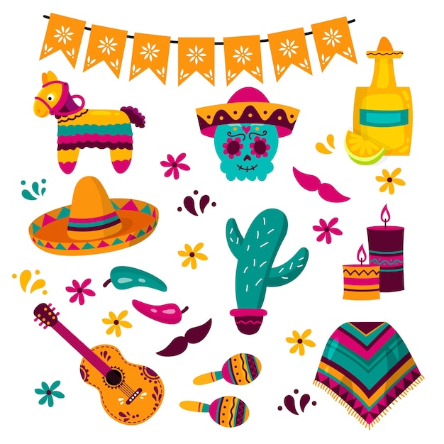 Vector collection of mexican culture symbols guitar sombrero maracas cactus tequila and poncho on a white background