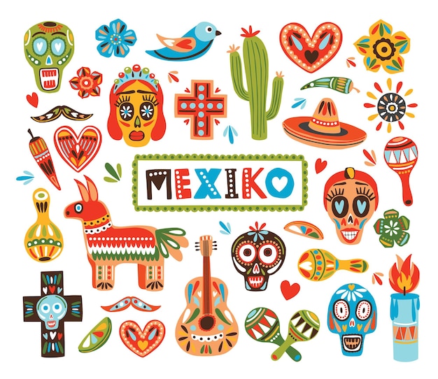 Vector collection of mexican national elements isolated on white