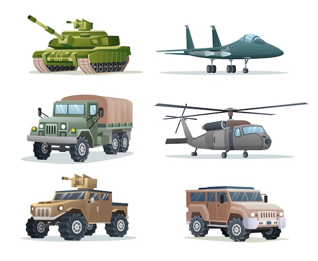 Vector collection of military army vehicles transportation isolated illustration