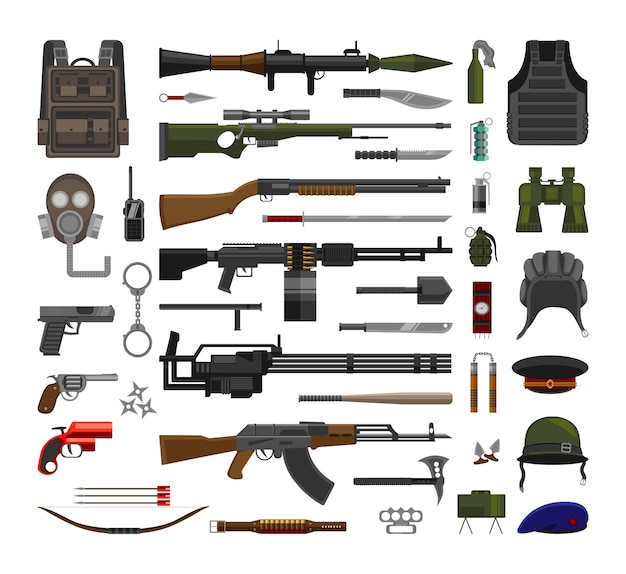 Collection of military weapons and accessories army equipment