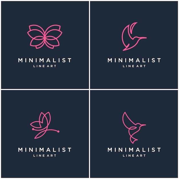 Collection of minimalist animal logo design lines, butterfly and hummingbird. abstract design logos.