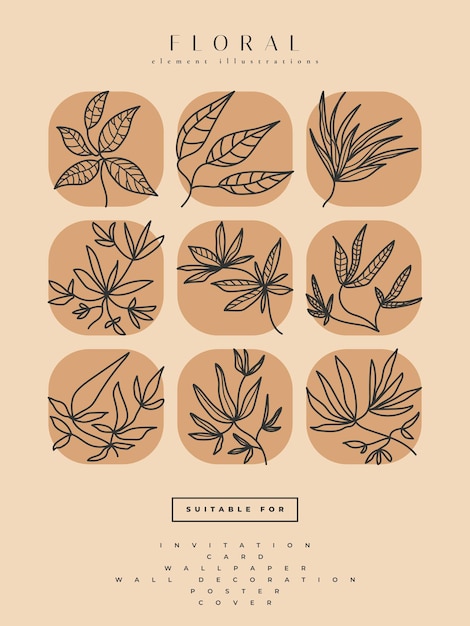 Collection of minimalist flower illustrations in line art style, can be used for print, home decor, wall art poster, invitation, and other