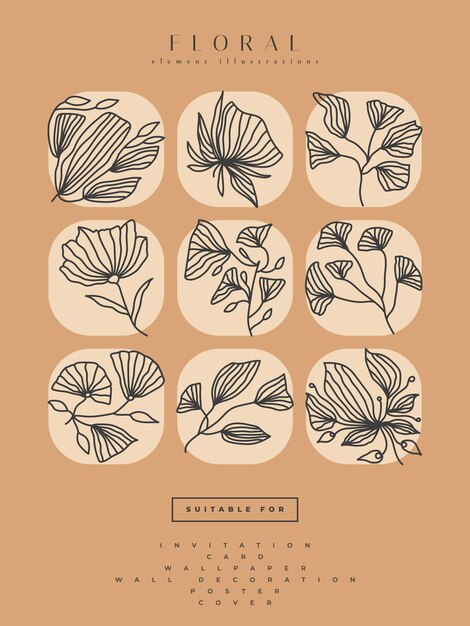 Collection of minimalist flower illustrations in line art style, can be used for print, home decor, wall art poster, invitation, and other